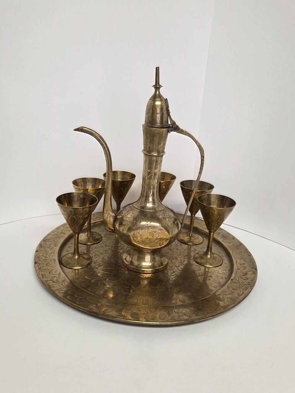 Engraved Brass Tone Ewer Pitcher 6 Goblets & Round Tray 8 Piece Decor Set.#0436
